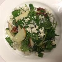 Tuscan Kale Salad · Honey crisp apple, pecans, Gorgonzola Dolce and white balsamic vinaigrette.
