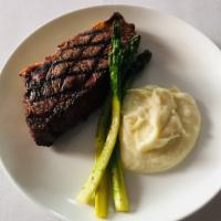 Grilled NY Strip Steak · Asparagus, Mashed Potatoes