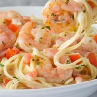 Shrimp Scampi · Sautéed shrimp, spaghetti, garlic crostini
