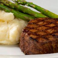 Filet Mignon · Choice aged 6 oz, mashed potatoes, grilled asparagus

