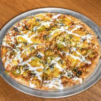 Mexican Pizza · Taco sauce, mozzarella cheese, onions, ground beef, black olives, jalapenos, and cheddar che...