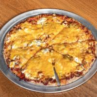 BBQ Chicken Pizza · BBQ sauce, chicken, cream cheese, jalapenos, and 5 cheese blend.