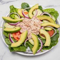 5. Tuna Salad Bowl · Arugula, red onions, avocado, cherry tomatoes, cucumber with a scoop of tuna salad and citru...