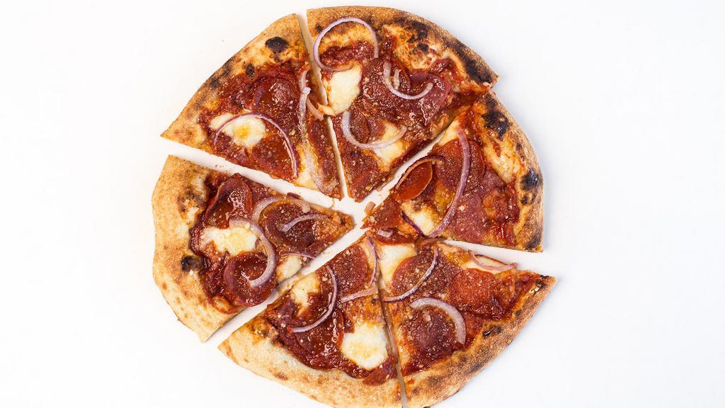 8b. Brooklyn, NY Pizza · Herb red sauce, fresh mozzarella, Parmesan, salami, pepperoni, red onion, spicy honey, Parmesan.