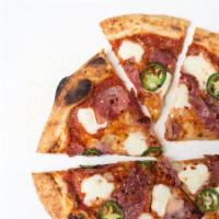 2. Diavola Pizza · Herb red sauce, fresh mozzarella, jalapeno, prosciutto, salami, chili flake, Parmesan.