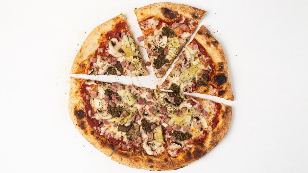 4. Capricciosa Pizza · Red sauce, shredded mozzarella, mushrooms, artichokes, tapenade, ham, oregano.