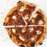 6. Sausage Pizza · Herb red sauce, fresh mozzarella, roasted garlic, red onion, sweet pickled peppers, sausage,...