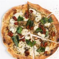 9. Caprese Pizza · Olive oil, garlic, pi sprinkle, fresh mozzarella, ricotta, semi-dried tomato, fresh basil, o...