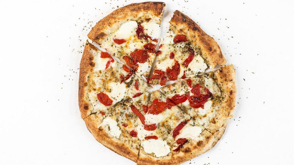 12. Four Cheese Pizza · Olive oil, pi sprinkle, garlic, mozzarella, ricotta, cheddar and parmesan, roasted red pepper, oregano.