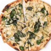 18. Spinach Artichoke Pizza · White sauce, spinach, shredded mozzarella, artichoke, basil, Parmesan. (This Pizza can not b...