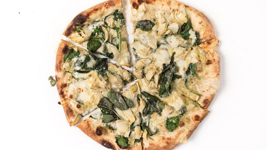 18. Spinach Artichoke Pizza · White sauce, spinach, shredded mozzarella, artichoke, basil, Parmesan. (This Pizza can not be made gluten free.)
