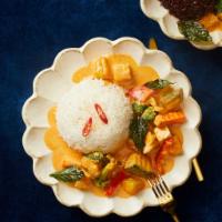 Geang Fak Tong (24 oz)  · Traditional red curry cooked with creamy coconut milk, pumpkin, red bell pepper, carrot, gre...