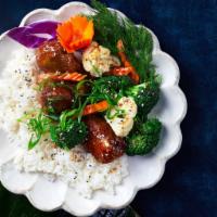 Teriyaki DrumstiX Rice Bowl · Vchicken legs marinated in ginger, garlic, and PURPLE THAI seasoning, delicately fried and d...