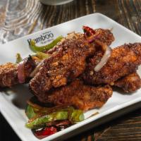 Wings of Heaven (6 pcs) · Spicy. Chicken wings, bell pepper, red onion, green onion, dry red chili.