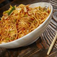 Chili Garlic Noodle · Very spicy.  Thin eggless noodle, shredded vegetables, garlic, chili.