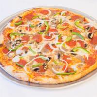 Arrabiatta Pizza · Pepperoni, sausage, hot peppers, onions.