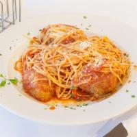 Pasta with Meatball Marinara · Home-made meatballs or beef simmered in our flavorful marinara sauce over pasta.