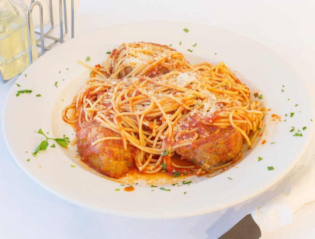 Pasta with Meatball Marinara · Home-made meatballs or beef simmered in our flavorful marinara sauce over pasta.