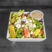 Mediterranean Salad · Lettuce, tomatoes, Kalamata olives, feta cheese, pepperoncinis, and dressing.