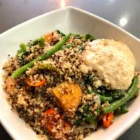 Super Vegan Quinoa Bowl · sautéed kale, peppers, onions, string beans and roasted sweet potato over organic quinoa and...