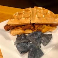 Chicken & Waffle Sandwich · panko chicken, bacon, cheddar cheese, spiced-maple mayonnaise on buttermilk-belgian waffle