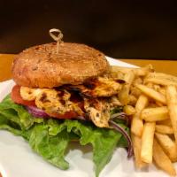Grilled Chicken Burger · marinated grilled chicken breast, lettuce, tomato, red onion on multi-grain roll 