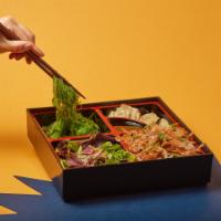 Chicken Bento Combo · Chicken teriyaki, 3 pieces of dumplings, your choice of salad, mixed green, and rice