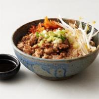 Ground Pork Rice Bowl · White rice, ground pork, kimchi, green onions, and beans sprouts with a special sauce