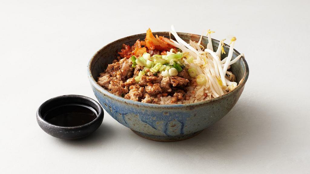 Ground Pork Rice Bowl · White rice, ground pork, kimchi, green onions, and beans sprouts with a special sauce