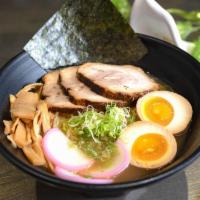 Tonkatsu Ramen · Thin ramen noodle in a rich pork broth topped with slice cha-su pork, fish cake & scallions.