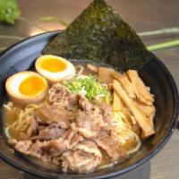 Beef Ramen · Thin ramen noodle in a rich broth topped with beef, eggs, bamboo, and scallion