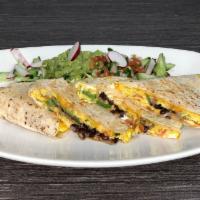 Breakfast Mornin Quesadilla · A flour tortilla with scrambled eggs, bacon, pepper, onion, beans, cilantro, tomatoes, and t...