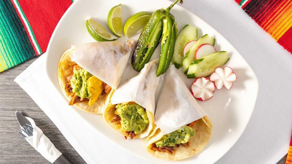 Order of 3 Tacos in Soft tortilla · Served with guacamole, cilantro, and onions