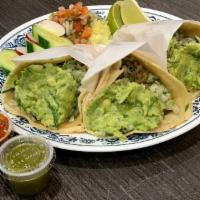 order 3 Mix Tacos in Soft tortilla · Served with guacamole, cilantro, and onions