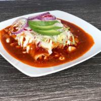 Enchiladas Salsa  Roja  · 3 soft corn tortilla, topped with red salsa. Sour cream, Cotija cheese, lettuce, onions and ...