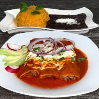 Beef Birria Enchilada · 3 soft corn tortilla, topped with birria consome red  salsa and melted Oaxaca cheese, cilant...