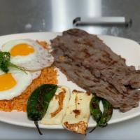Plato Cecina · Served with grilled cactus, rice, beans and cheese.