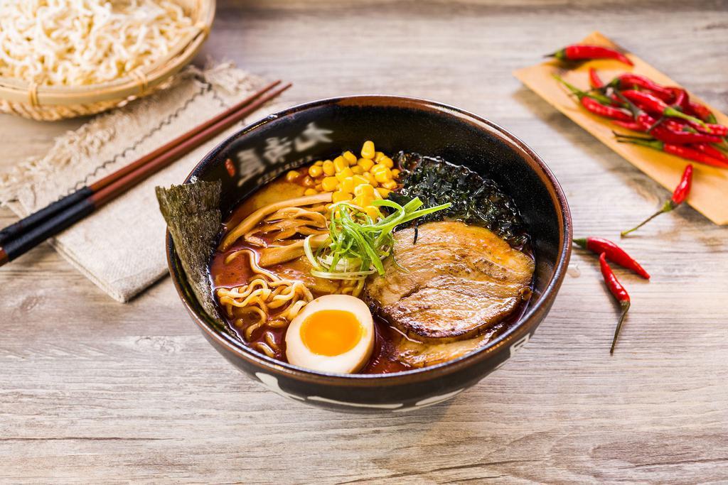 #6. Kyushu Spicy Tonkotsu Ramen · Chashu pork, 1/2 marinated egg, bamboo shoot, corn, wakame, scallion and nori.