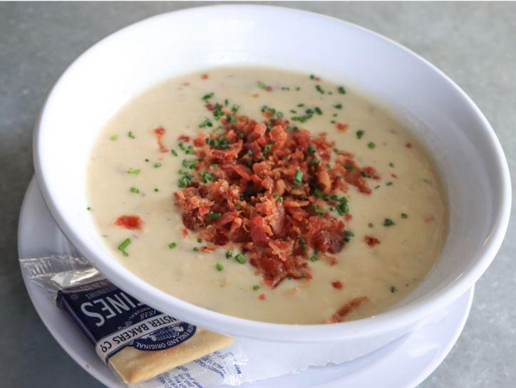 New England Clam Chowder · Red potatoes, clams, and bacon. Gluten free.
