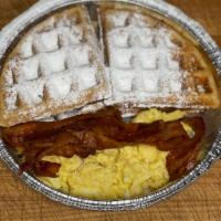 Danny's Belgian Waffle Combo · Danny's Belgian Waffle Combo is served as a 4 quarters of an 8 inch waffle including two scr...