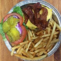 Danny's Bacon Cheeseburger Deluxe · The Bacon Cheeseburger is served with romaine lettuce, tomatoes, bacon, onions, pickles, and...