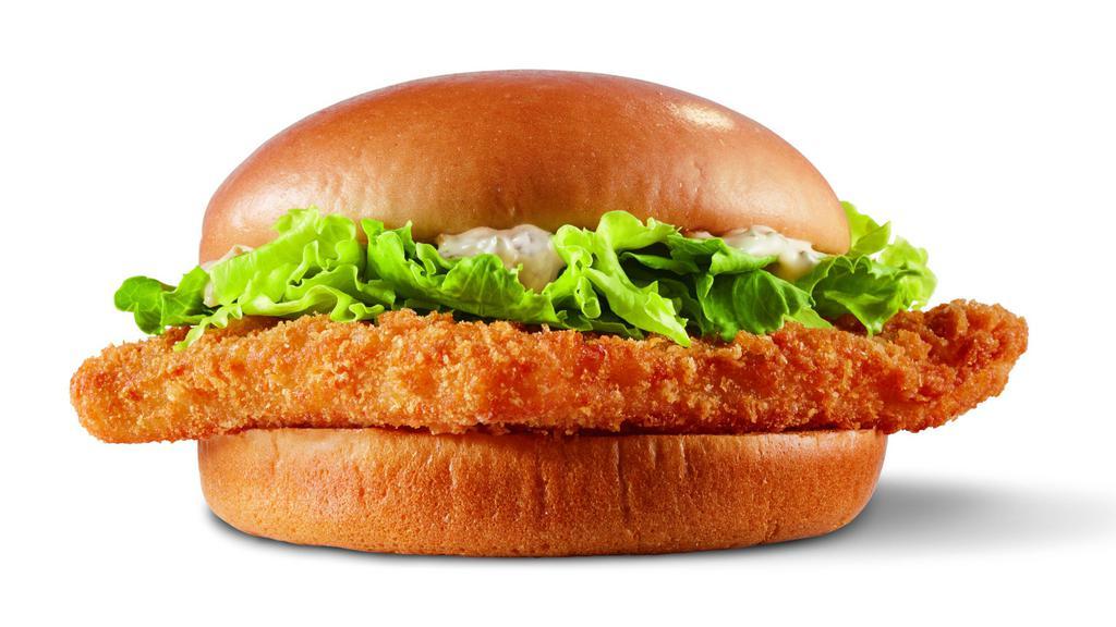 Alaskan Pacific Cod Fish Sandwich · Crispy Alaskan Pacific Cod, topped with lettuce and tarter sauce, on a toasted bun.