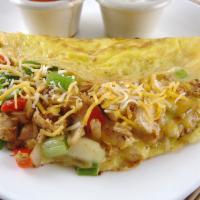 Meat, Veggie and Cheese Omelette · Serve with 3 eggs omelettes, choice of veggie, choice for meat, toast bread and hashbrown.