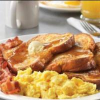 French Toast Combo · Served with 2 eggs Add bacon for an additional charge. Ham, sausage or cheese.