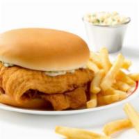 Fish Sandwich · Flounder fillet, tartar sauce, served with coleslaw and choice of 1 side.