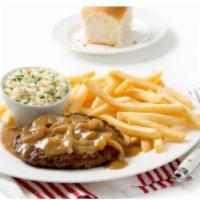 No 9. Hamburger Steak · Half pound of ground chuck smothered in onions and gravy. Served with two sides and a roll.