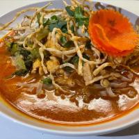 SN6. Thai Curry Noodles · Egg noodles, choice of chicken, pork, beef, tofu or seafood with bean sprout, onion, green o...