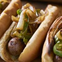 Sausage/Peppers/Onions Sandwich · Choice of sweet or hot sausage served with green peppers and onions on a long roll; served w...