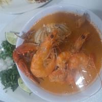 Caldo de Marisco  · Camaron, jaiba, almeja and pescado. Seafood soup, shrimp and crab clam fish.