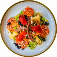 Insalata Siciliana · Mozzarella, black olives, capers, tomatoes, roasted peppers, carrots, anchovies, artichokes ...